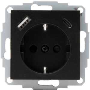 Wandcontactdoos 1-voudig geaard, USB A en C-aansluiting 5V 2400mA, mat-zwart HK07